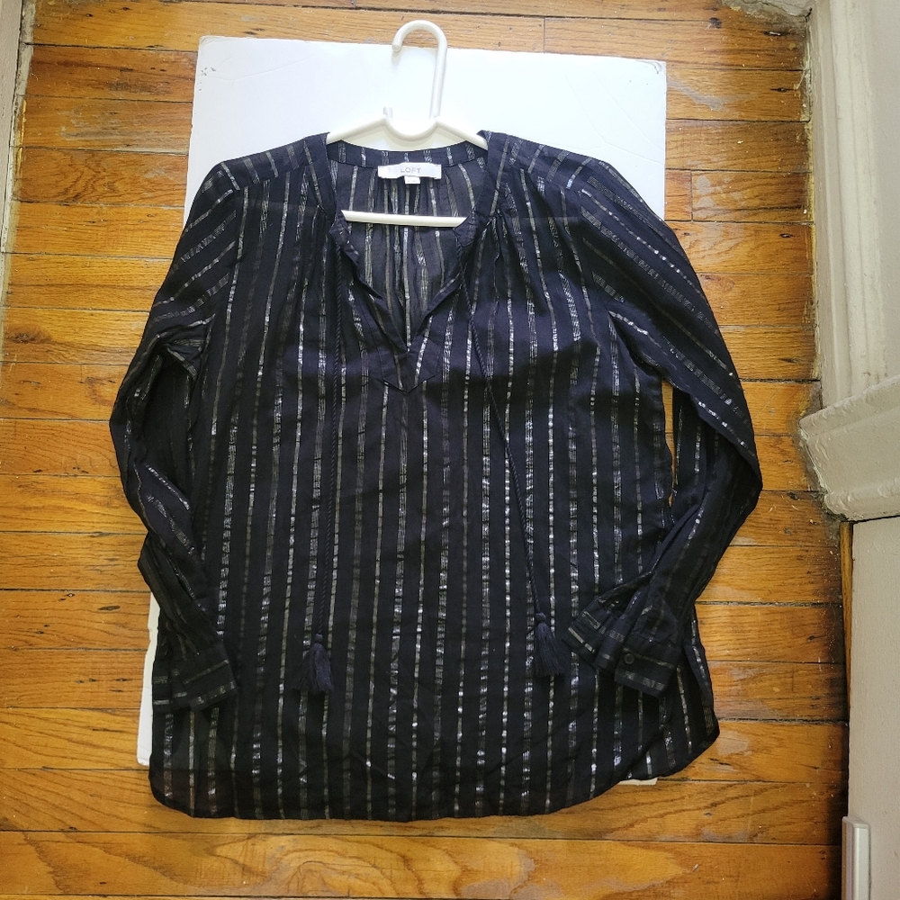 LOFT‎ black/gold metallic striped semi-sheer tassel Top M. Whimsigoth Boho Glam